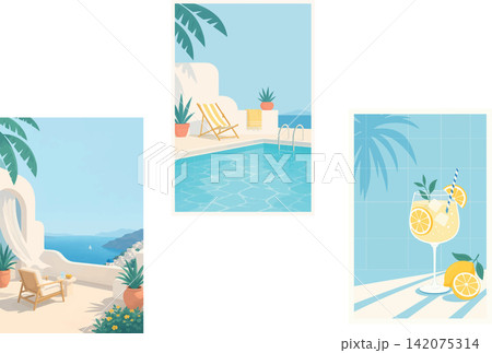 Vsai summer holiday scenes with pool, terrace, and fresh drink 142075314