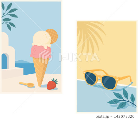 Vsai summer vacation concept with ice cream and sunglasses Vsai summer vacation concept with ice cream and sunglasses 142075320