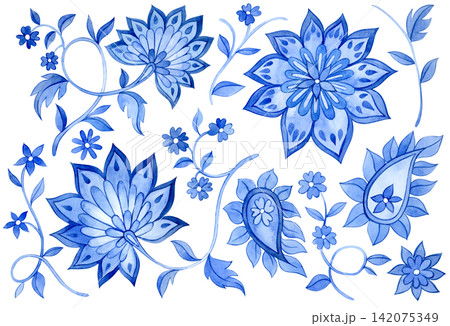 Set of Oriental pattern elements: blue watercolor flowers and paisley. 142075349