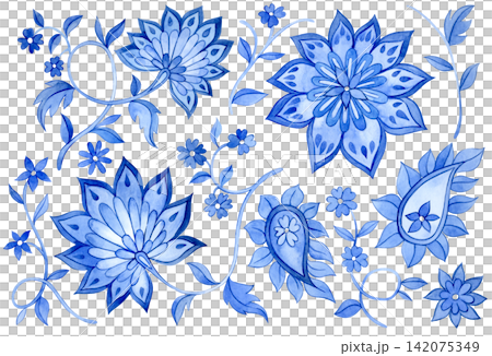 Set of Oriental pattern elements: blue watercolor flowers and paisley. 142075349