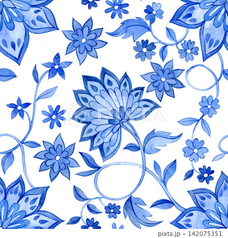 Ethnic pattern for fabric. Blue floral designs in an Oriental style. 142075351