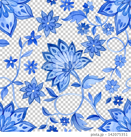 Ethnic pattern for fabric. Blue floral designs in an Oriental style. 142075351