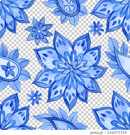 Watercolor pattern. Blue floral ornaments in an Oriental style. Watercolor pattern. Blue floral ornaments in an Oriental style. 142075354