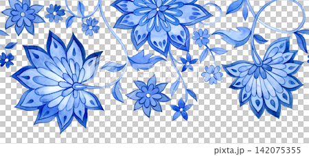 Seamless watercolor border. Blue floral ornaments in an Oriental style. Seamless watercolor border. Blue floral ornaments in an Oriental style. 142075355