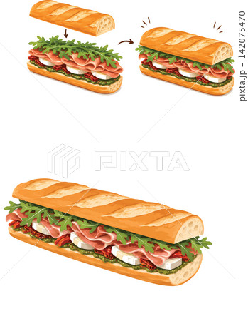 Baguette sandwich building instruction with prosciutto, mozzarella, and arugula Baguette sandwich building instruction with prosciutto, mozzarella, and arugula 142075470
