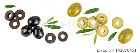 Black and green olives with leaves isolated on a white background with full depth of field. Top view. Flat lay Black and green olives with leaves isolated on a white background with full depth of field. Top view. Flat lay 142076451