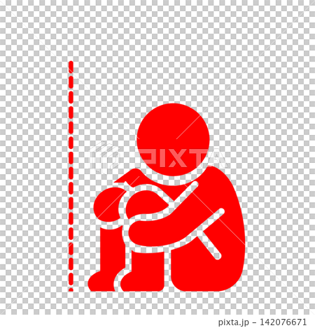 A pictogram (in red) of a person sitting in a fetal position due to loneliness or anxiety. A pictogram (in red) of a person sitting in a fetal position due to loneliness or anxiety. 142076671