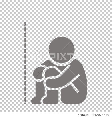 A pictogram (gray) of a person sitting in a fetal position due to loneliness or anxiety. A pictogram (gray) of a person sitting in a fetal position due to loneliness or anxiety. 142076679