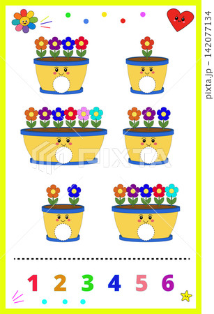 Back to school counting game educational math worksheet template with cute flower pots for preschool kids number recognition learning activity page design 142077134
