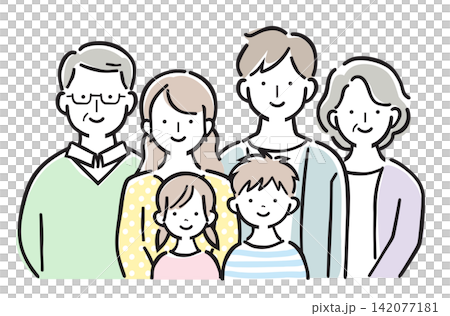 A family illustration featuring three generations: grandparents, a married couple, and two children. A family illustration featuring three generations: grandparents, a married couple, and two children. 142077181
