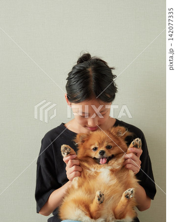夏の家のリビングで可愛いポメラニアンの子犬と遊んでいる夏休み中の女子中学生の姿 夏の家のリビングで可愛いポメラニアンの子犬と遊んでいる夏休み中の女子中学生の姿 142077335
