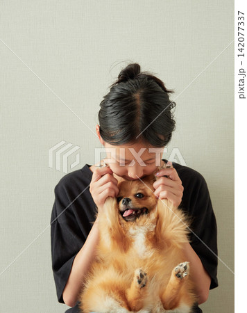 夏の家のリビングで可愛いポメラニアンの子犬と遊んでいる夏休み中の女子中学生の姿 142077337