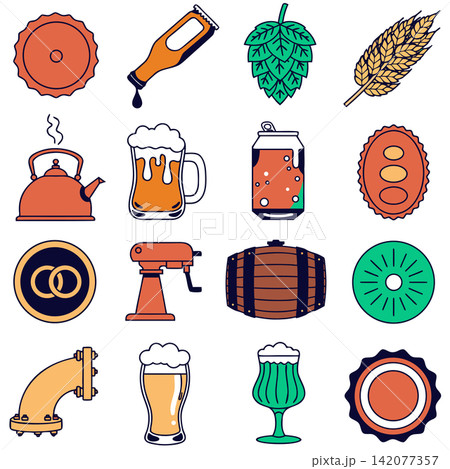 This image features a collection of 16 colorful vector icons related to brewing, pub culture, and bar accessories This image features a collection of 16 colorful vector icons related to brewing, pub culture, and bar accessories 142077357