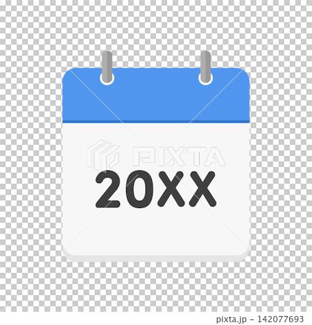 A simple image illustration of a blue calendar icon with the letters 20XX representing an unconfirmed year. 142077693