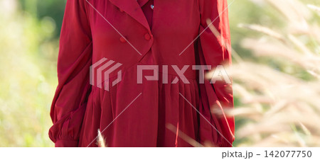 woman wearing a red dress walking through a tall grass field. woman wearing a red dress walking through a tall grass field. 142077750