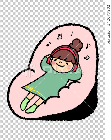 ヘッドフォンで音楽を聴きながらソファでくつろぐかわいい女の子のイラスト ヘッドフォンで音楽を聴きながらソファでくつろぐかわいい女の子のイラスト 142077802
