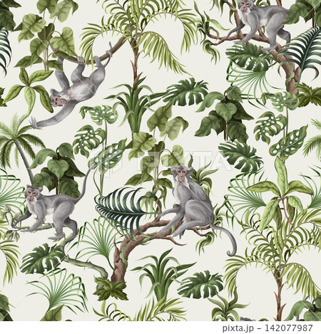 Jungle Monkeys Seamless Pattern with Tropical Leaves Exotic Wildlife and Botanical Forest Branches Jungle Monkeys Seamless Pattern with Tropical Leaves Exotic Wildlife and Botanical Forest Branches 142077987