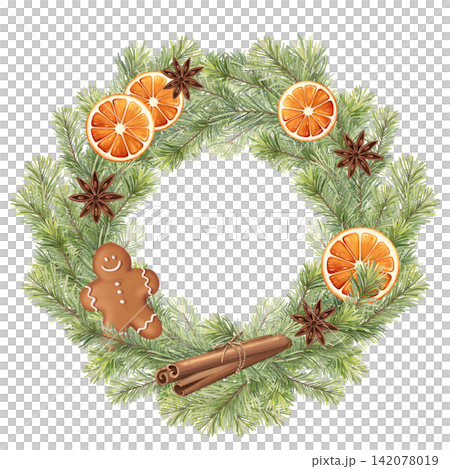 Hand-drawn Christmas pine wreath gingerbread dried orange illustration Hand-drawn Christmas pine wreath gingerbread dried orange illustration 142078019