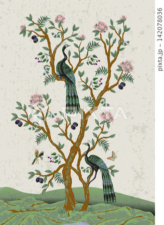 Chinoiserie Peacock Mural with Elegant Birds Floral Trees Vintage Wallpaper Landscape Design Illustration Chinoiserie Peacock Mural with Elegant Birds Floral Trees Vintage Wallpaper Landscape Design Illustration 142078036