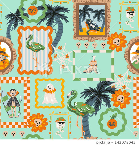 Halloween Tropical Seamless Pattern with Spooky Frames Flamingo Ghost Palm Trees Vacation Decor 142078043