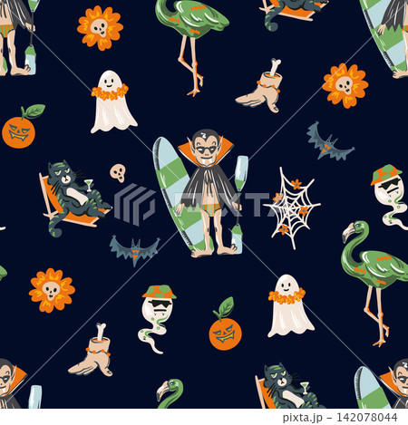 Halloween Tropical Seamless Pattern with Surfing Vampire Ghosts Palm Trees and Spooky Vacation 142078044