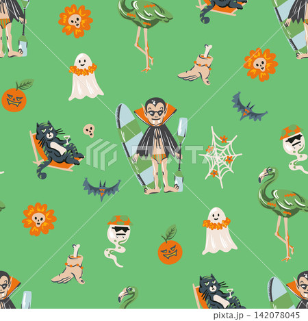 Halloween Tropical Seamless Pattern with Surfing Vampire Ghosts Palm Trees and Spooky Vacation Halloween Tropical Seamless Pattern with Surfing Vampire Ghosts Palm Trees and Spooky Vacation 142078045