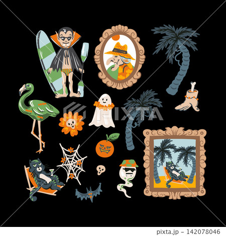 Halloween Tropical Isolated Elements with Surfing Vampire Ghosts Palm Trees and Spooky Clipart 142078046