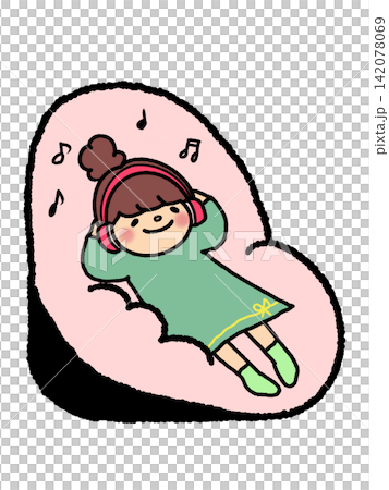 An illustration of a cute girl relaxing on a sofa while listening to music with headphones. An illustration of a cute girl relaxing on a sofa while listening to music with headphones. 142078069