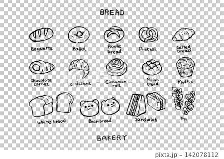 Hand-drawn line art set of a bakery | Baguette, bagel, croissant, sliced bread Hand-drawn line art set of a bakery | Baguette, bagel, croissant, sliced bread 142078112