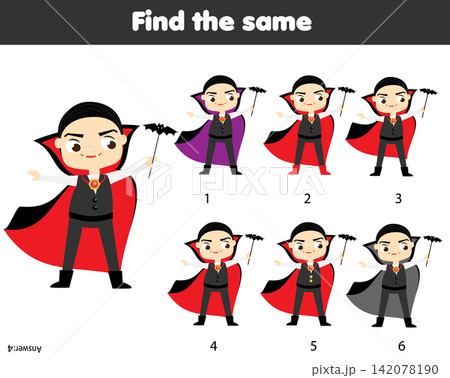 children educational game. Find same pictures. Find two identical vampires. halloween fun for kids and toddlers children educational game. Find same pictures. Find two identical vampires. halloween fun for kids and toddlers 142078190