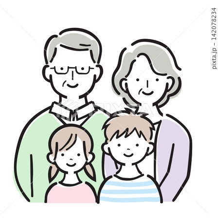 祖父母と孫・家族・祖父母と子供のイラスト(パステルカラー) 祖父母と孫・家族・祖父母と子供のイラスト(パステルカラー) 142078234
