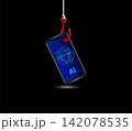 A smartphone hanging on a hook. AI Powered phishing Scams. Cybercrime concept. 142078535