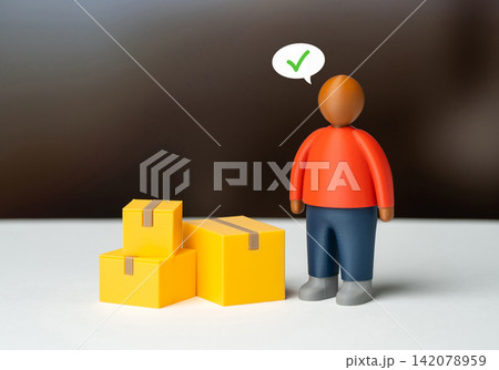 The buyer received their online orders. Parcel receipt confirmation. Online shopping and last-mile delivery. Modern digital retail The buyer received their online orders. Parcel receipt confirmation. Online shopping and last-mile delivery. Modern digital retail 142078959