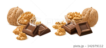Walnut nut and chocolate bites isolated on white background. Real photography. 142079112