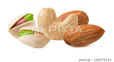 Cashew, open pistachio nuts, almond and peanut isolated on white background. Real photography 142079114