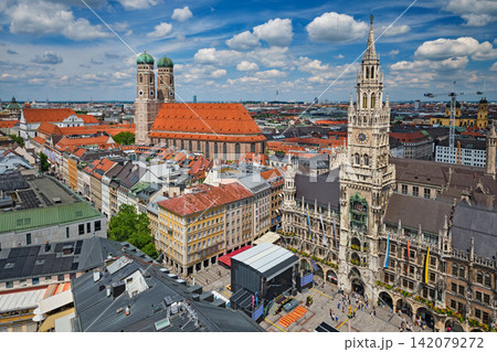 New Town Hall tower and Frauenkirche skyline view from above Munich Germany 142079272
