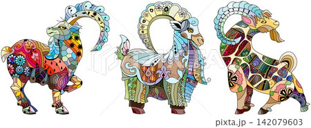 Set of decorative goats. Hand drawn decorative vector illustration Set of decorative goats. Hand drawn decorative vector illustration 142079603