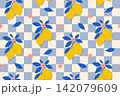 Lemon Pattern with Blue Leaves and Pink Flowers on Checkered Background. Mediterranean Summer Seamless Design 142079609