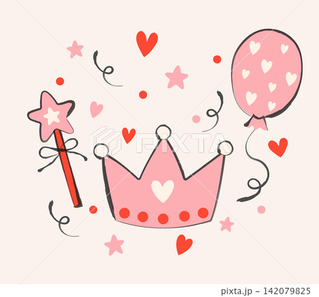 Princess Party Doodle with Pink Crown, Magic Wand, Heart Balloon, Stars, Hearts and Curly Confetti, Cute Hand Drawn Celebration Illustration for Birthday, Valentine, Invitation and Festive Design 142079825