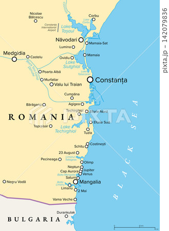 Romanian Black Sea resorts, political map of the Romanian Riviera, with the most important resort Mamaia north of Constanta, and with numerous others along the coast up to the Bulgarian border. Vector Romanian Black Sea resorts, political map of the Romanian Riviera, with the most important resort Mamaia north of Constanta, and with numerous others along the coast up to the Bulgarian border. Vector 142079836