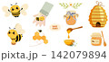 Cute cartoon collection featuring cheerful bees, honey jars, honeycomb, beehive, honey dipper, spoon and floral elements in a playful kawaii style on a white background 142079894