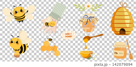 Cute cartoon collection featuring cheerful bees, honey jars, honeycomb, beehive, honey dipper, spoon and floral elements in a playful kawaii style on a white background Cute cartoon collection featuring cheerful bees, honey jars, honeycomb, beehive, honey dipper, spoon and floral elements in a playful kawaii style on a white background 142079894