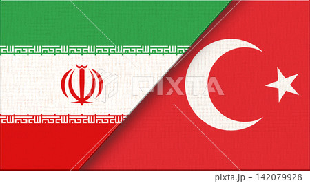 Double flag of Iran and Turkey on fabric texture. Flag of Iran and Turkey 142079928