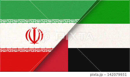 Two Flag Together on Fabric. Iranian and Emirati flags in one.Iran-UAE relations Two Flag Together on Fabric. Iranian and Emirati flags in one.Iran-UAE relations 142079931