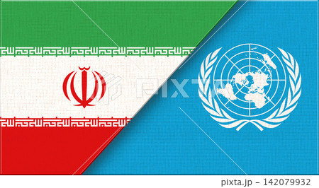 Double flag of Iran and United Nations on fabric texture. Flag of Iran and UN 142079932