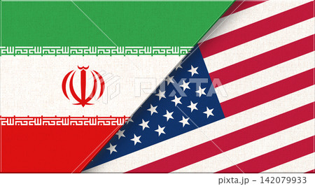 Double flag of Iran and USA on fabric texture. Flag of Iran and USA 142079933