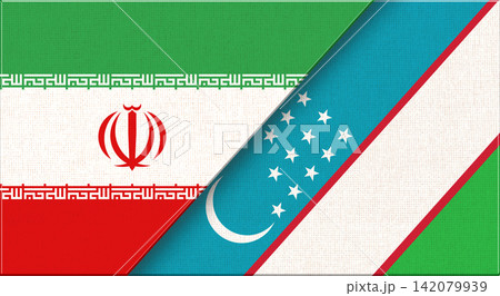 Double flag of Iran and Uzbekistan on fabric texture.Flag of Iran and Uzbekistan 142079939