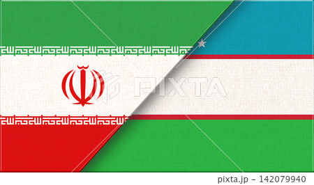 Double flag of Iran and Uzbekistan on fabric texture.Flag of Iran and Uzbekistan 142079940