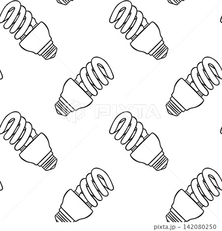 Black and white doodle pattern of energy-saving light bulb. Simple vector sketch for eco branding and wallpaper design Black and white doodle pattern of energy-saving light bulb. Simple vector sketch for eco branding and wallpaper design 142080250