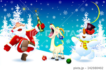 Happy Santa, a goat, and a snowman on Christmas Eve 142080402